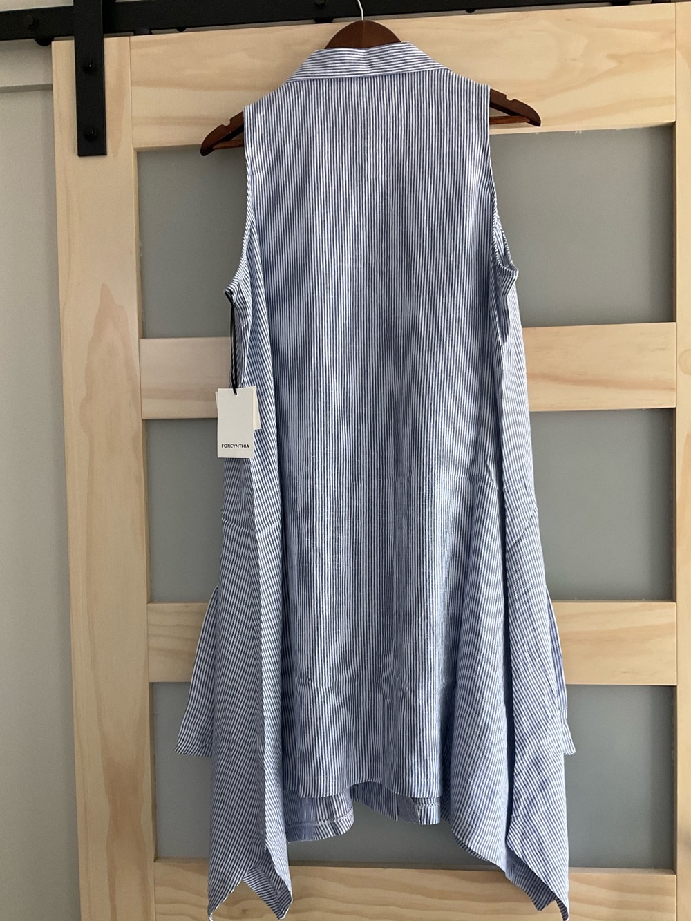 ForCynthia Blue Stripe Linen Blend Sleeveless Sharkbite Tunic Dress Large - Picture 2 of 4